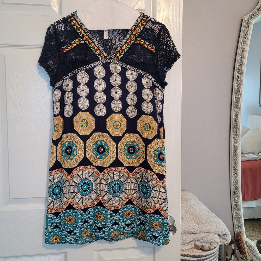 Orange Creek tribal geometric 60s boho muticolor lined minidress size Small